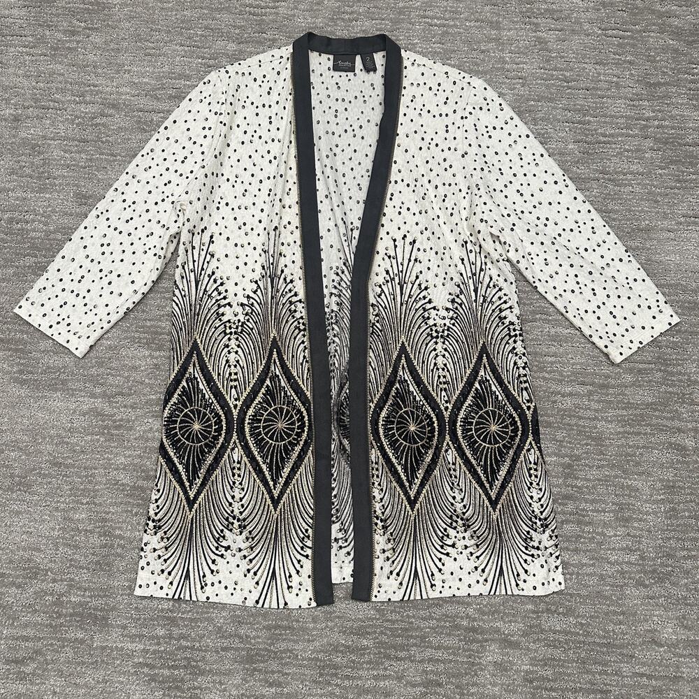 Chico's Cardigan Sweater Womens 2 White Black Geometric Duster Travelers
